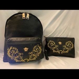 Versace black leather studded Medusa backpack with matching clutch/pouch UNISEX